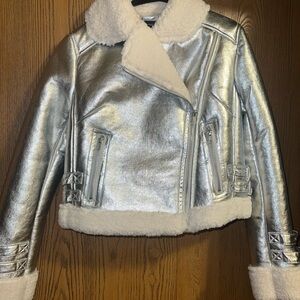 Forever 21 Silver Metallic Kids Jacket with White Trim